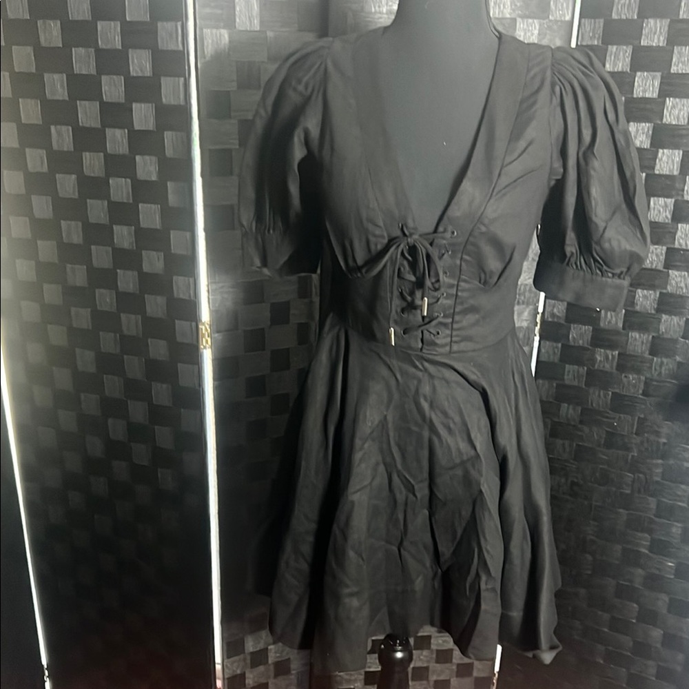 NWOT House of Harlow 1960 Black Midi Dress with Pleated V-neck